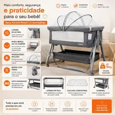 Berço Portátil Moises Co-bed Dobrável Com Abertura Lateral Balanço Mosquiteiro e Cesto até 9kg Cinza KaBaby