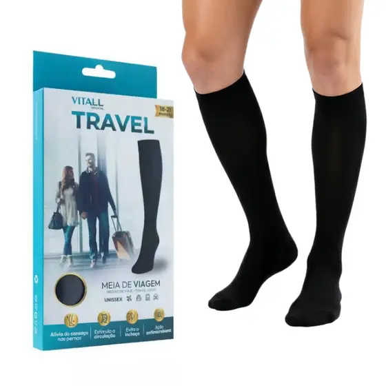 Meia Viagem de Avião Evita Trombose 3/4 Vitall Travel Com Ponteira Média Compressão Preta Unissex
