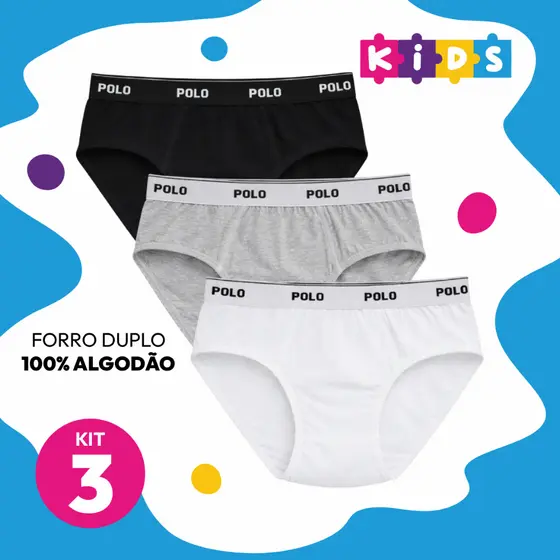 Kit 3 Cuecas Slip Cotton Polo Star Modelo Infantil Tradicional 100% Algodão