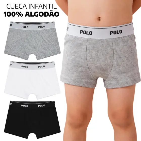Kit 3 Cuecas Boxer Polo Cotton Infantil 100% Algodão Forro Duplo Confortável