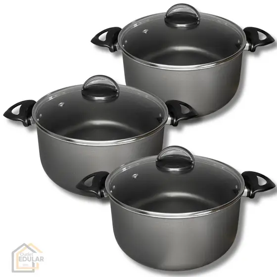 Kit Jogo 3 Peças Panelas Caçarolas 16 18 e 20 cm Antiaderente 5 Camadas de Teflon com Tampa de Vidro