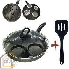 Frigideira 26 cm Divisória 4 Ovos Hambúrguer Com Tampa de Vidro e Espátula Antiaderente Cor Preto