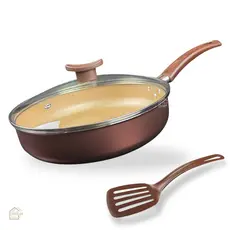 Frigideira Alta Grande 24 cm Antiaderente com Tampa de Vidro e Espátula Nylon Cor Marrom Dourado