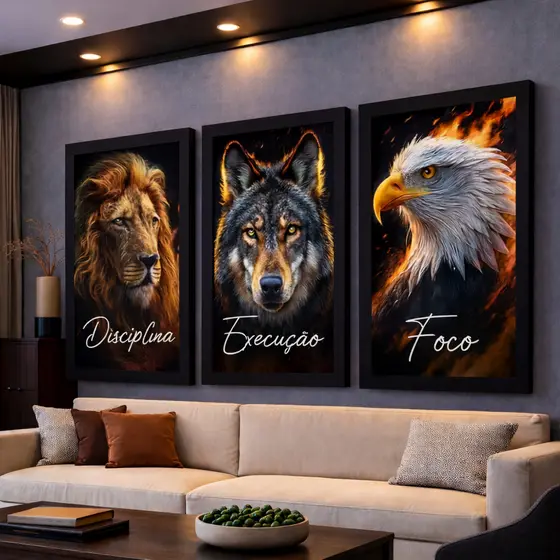 Kit 3 Quadros Decorativos Disciplina Execução Foco Leão Mosaico Sala Quarto Escritório