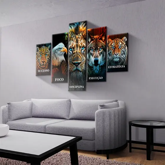 Kit 5 Quadros Decorativos Leão Águia Lobo TIgre Motivacional Mosaico Sala Quarto Escritório