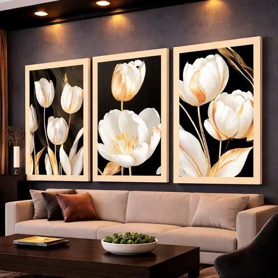Kit 3 Quadros Decorativos Tulipa Dourada Mosaico Sala Quarto Escritório