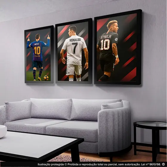 Kit 3 Quadros Decorativos Messi Cristiano Ronaldo Neymar Futebol Sala Quarto Escritório