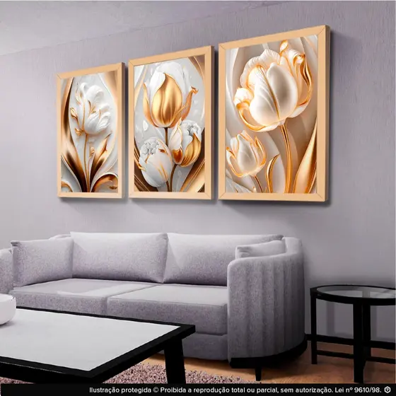 Kit 3 Quadros Decorativos Arte Flor Floral Branca Dourada Tulipas Mosaico Sala Quarto Escritório