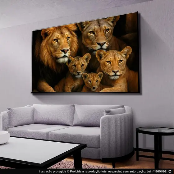 Quadro Decorativo Família Leão Leoa Com Dois filhotes Mosaico Sala Quarto Escritório