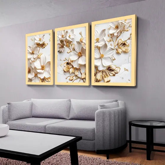 Kit 3 Quadros Decorativos Flores Abstrato Dourada Mosaico Sala Quarto Escritório