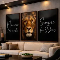 Kit 3 Quadros Decorativos Leão de Judá Frase Nunca Foi Sorte Mosaico Sala Quarto Escritório Hall