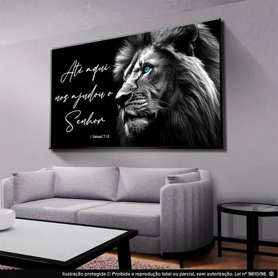 Quadro Decorativo Leão Preto e Branco Até Aqui Nos Ajudou o Senhor Arte Religiosa Sala Quarto Hall