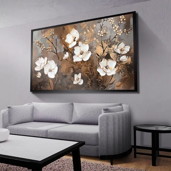 Quadro Decorativo Flores Brancas BronzeAbstrato Mosaico Sala Quarto Escritório