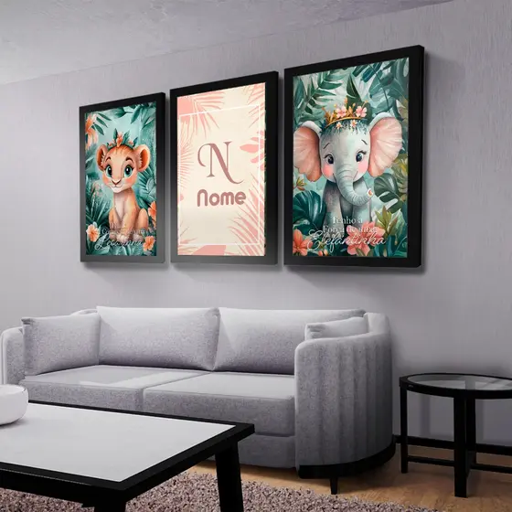 Kit 3 Quadros Decorativos Personalizado Nome Infantil Safari Menina Mosaico Sala Quarto Escritório