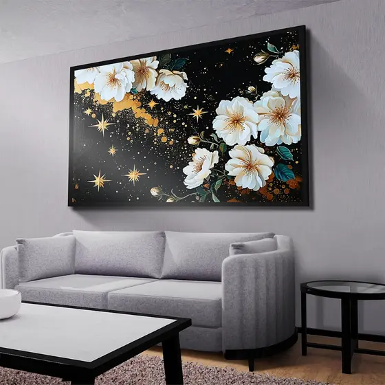 Quadro Decorativo Flores Brancas Abstrato Gold Flor Mosaico Sala Quarto Escritório Hall