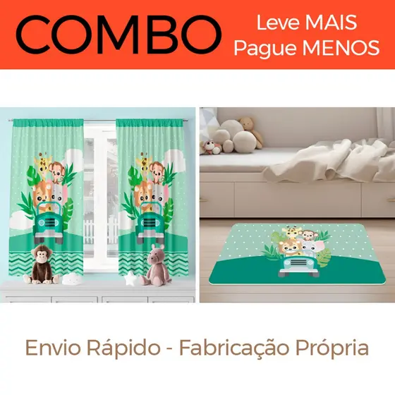 COMBO DECORATIVO INFANTIL 01 - Cortina 200x136CM + Tapete 60x34CM Safari Animais