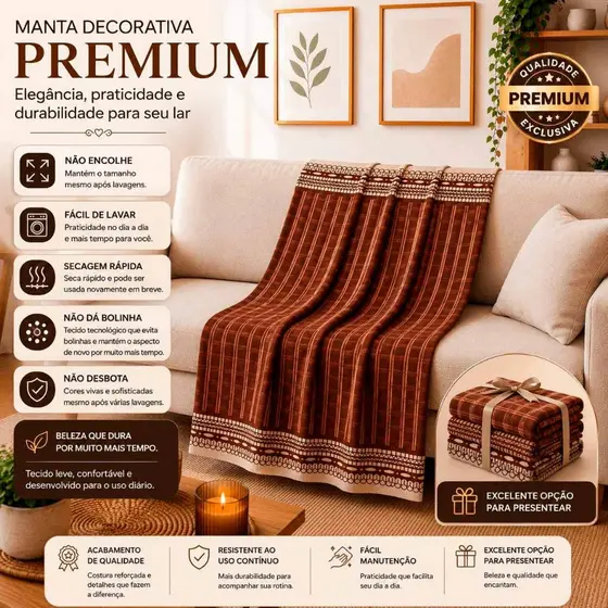 Manta Decorativa Premium Marrom Café 168x68 cm para Sofá - Cama - Poltrona