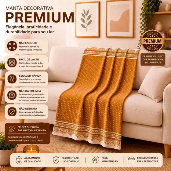 Manta Decorativa Premium Mostarda com Bege 168x68 cm para Sofá - Cama - Poltrona