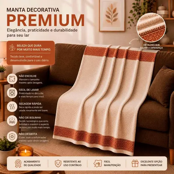 Manta Decorativa Premium Bege com Detalhes Terra Cota 168x68 cm para Sofá - Cama - Poltrona