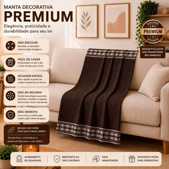 Manta Decorativa Premium Marrom Escuro com Bege 168x68 cm para Sofá - Cama - Poltrona