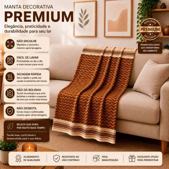 Manta Decorativa Premium Marrom com Bege 168x68 cm para Sofá - Cama - Poltrona