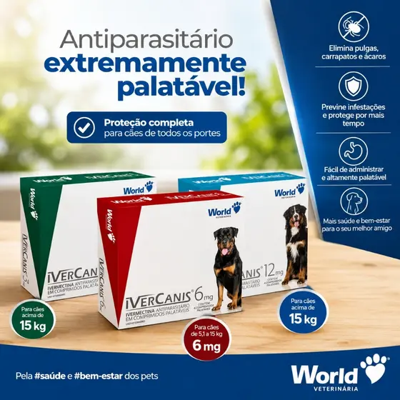 Remedio para carrapato, pulgas e sarna Ivercanis 3MG, 6MG E 12MG Cartela com 4 Comprimidos - World