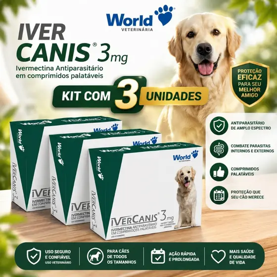 3 IverCanis 3mg Remedio Para Pulgas, Carrapatos e Sarna para Cães de 15Kg - Blíster 4 Comprimidos