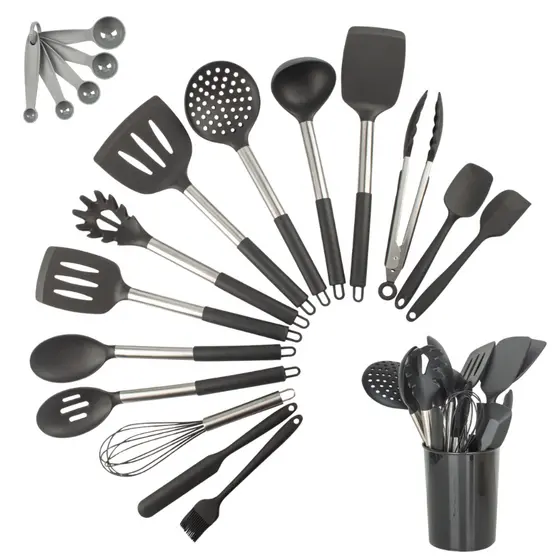 Kit 15 Utensílios De Cozinha Com Cabo De Inox E Silicone