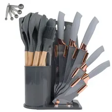 Kit 19 Utensílios De Cozinha Com Cabo De Madeira E Silicone