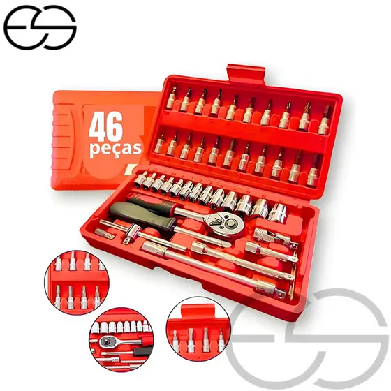Kit De Ferramentas 46 Peças Jogo De Soquetes Chave Catraca Reversível Com Maleta Jogo De Ferramentas Completo ES