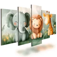 Quadros Decorativos Infantil 5 Peças Leão Elefante Girafa Sala Quarto