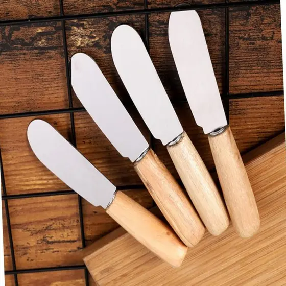 KIT DE 8 PÇ Espátula Patê Manteiga Inox Cabo Madeira 4 Peças 11cm E KIT4 Garfinho Para Frutas E Petiscos