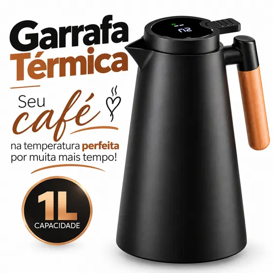 Garrafa Térmica 1 Litro Digital Com Termômetro Inteligente Visor LED Café Chá Preto