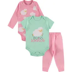 Kit Roupa De Bebe 3 Peças Body Manga Longa e Curta e Calça Algodão Menina