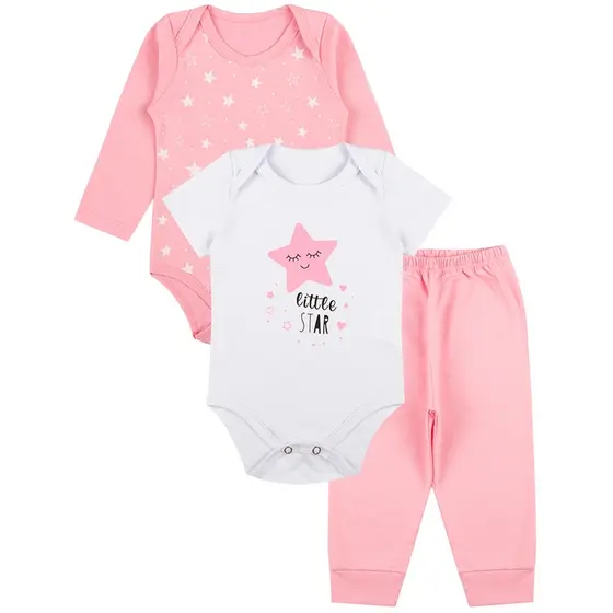 Kit Roupa De Bebe 3 Peças Body Manga Longa e Curta e Calça Algodão Menina