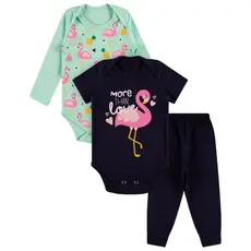 Kit Roupa De Bebe 3 Peças Body Manga Longa e Curta e Calça Algodão Menina