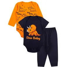 Kit Roupa De Bebe 3 Peças Body Manga Longa e Curta e Calça Algodão Menino