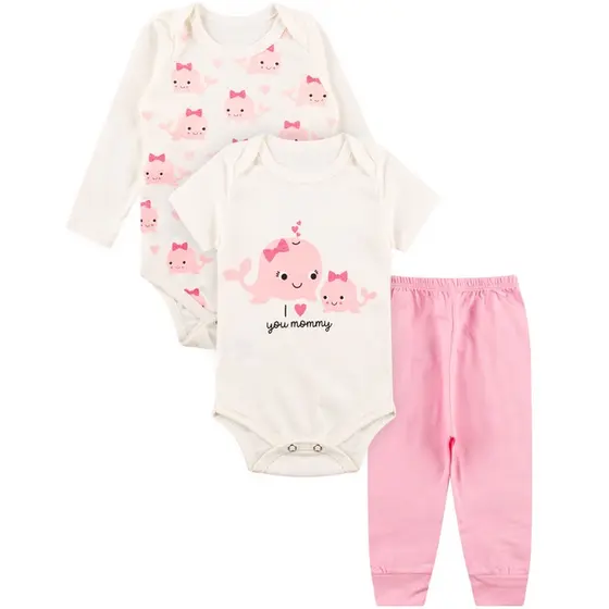 Kit Roupa De Bebe 3 Peças Body Manga Longa e Curta e Calça Algodão Menina