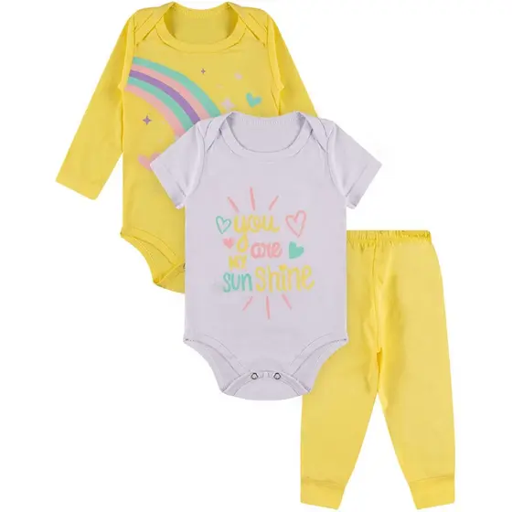 Kit Roupa De Bebe 3 Peças Body Manga Longa e Curta e Calça Algodão Menina