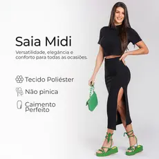 Saia Midi com Fenda Lateral Feminina - Tecido Poliéster - Caimento Longo e Ajustado - Saia longa