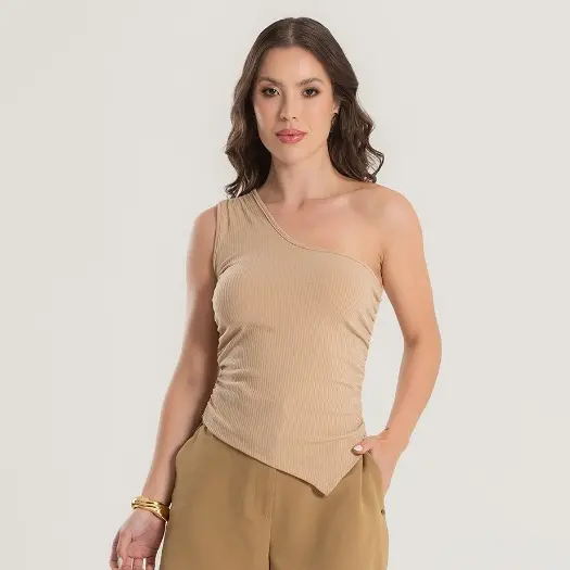 Blusa Feminina Um Ombro Só Ajustada Canelada Casual com Franzidos Moderna Dia a Dia Confortável