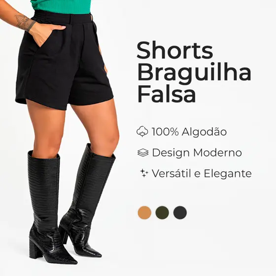Shorts Feminino Alfaiataria Casual Básico - Shorts Braguilha Falsa 100% Algodão Liso Elegânte - Moda Blogueirinha