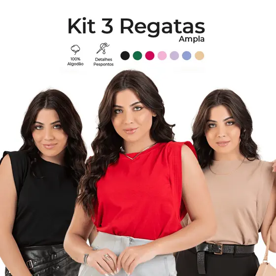 Kit 3 Regatas Feminina Ampla com Pespontos - 100 Algodão Modelagem Soltinha