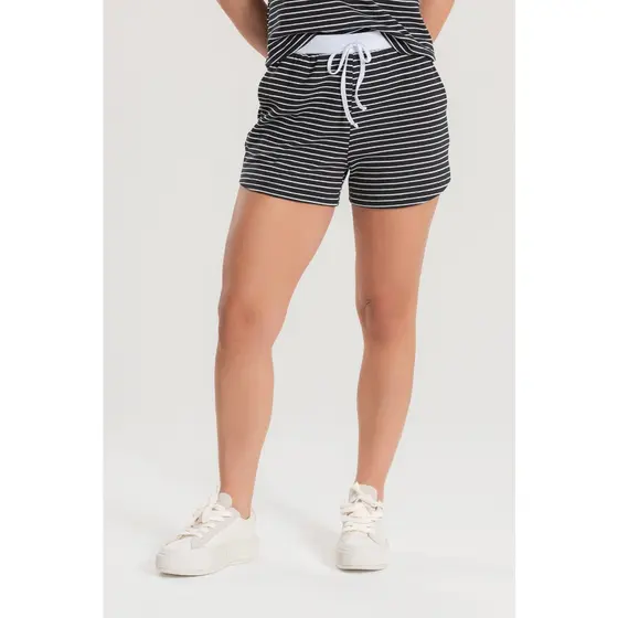 Short Feminino Listrado Cintura Alta com Bolsos Laterais e Cadarço Ajustável Casual