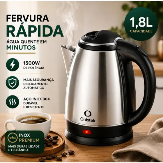 Chaleira Elétrica Inox 1.8L 1500W Desligamento Automático Para Café e Chá