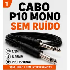 Cabo P10 Mono Profissional 6,35mm 1,5m Sem Ruído Para Guitarra Baixo Amplificador Mesa De Som