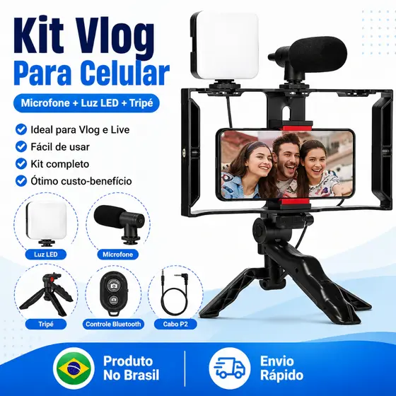 Kit Vlog Para Celular Com Microfone Luz LED Tripé Controle Bluetooth