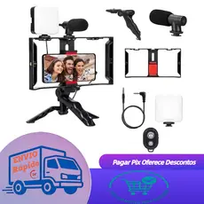 Kit Vlog Para Celular Com Microfone Luz LED Tripé Controle Bluetooth