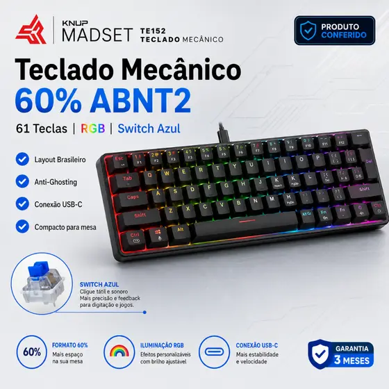 Teclado Mecânico 60% ABNT2 61 Teclas RGB Switch Azul Anti-Ghosting USB-C Compacto