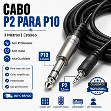 Cabo P2 3,5mm Para P10 6,35mm 3m Estéreo Mesa De Som Caixa Amplificada Interface Áudio DJ